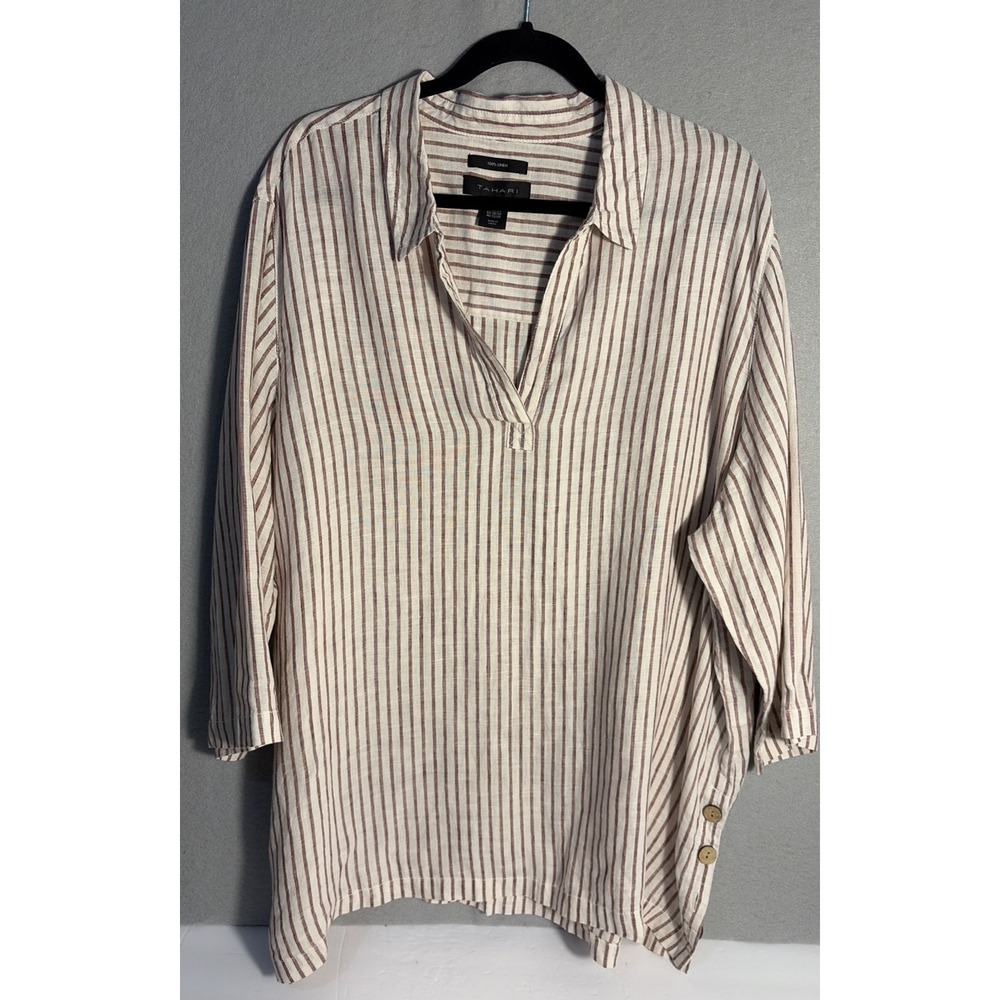 TAHARI 100% Linen 3/4 Sleeve Striped  Women's Tunic  Size 2X Button Accent Side